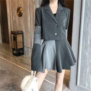 Patchwork Bell-sleeved Crop Blazer / Colorblock Mini Skirt