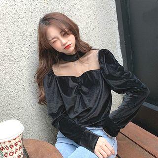 Velvet Mesh Long-sleeve Top Black - One Size