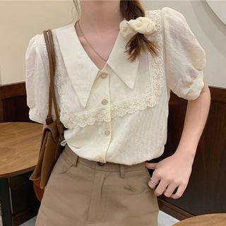 Puff-sleeve Peter Pan-collar Lace Trim Shirt