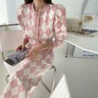 Set: Puff-sleeve Argyle Cardigan + Long H-line Skirt
