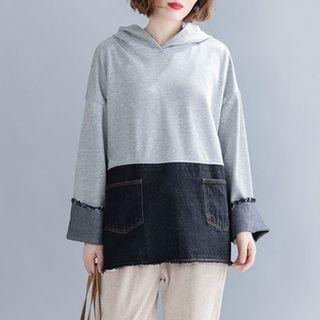 Denim Panel Hooded Long-sleeve T-shirt