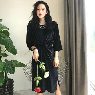 Elbow-sleeve Plain Velvet Sheath Dress