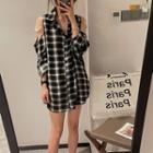 Cold Shoulder Plaid Shirt Black - One Size