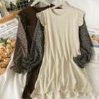 Floral-sleeve Ruffle-trim Knit Midi Dress