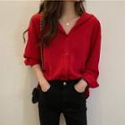 V-neck Long-sleeve Blouse Red - One Size