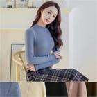 Mock-neck Piped Rib-knit Top