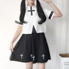 Cross Short-sleeve Top / A-line Skirt / Midi Skirt