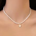 Faux Pearl Heart Pendant Necklace 1 Pc - White - One Size