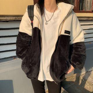 Two Tone Fleece Zip-up Jacket Black & White - One Size