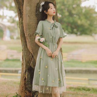 Short-sleeve Frill Trim Tie-front Floral Embroidered Mesh Overlay Midi A-line Dress
