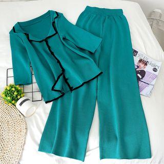 Set: Contrast Trim Elbow-sleeve Cardigan + Wide-leg Pants