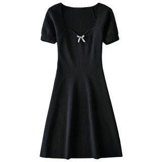 Long-sleeve Knit Bow A-line Dress