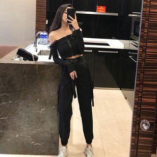 Cold-shoulder Long-sleeve T-shirt / Cropped Harem Pants