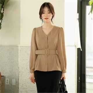 Balloon-sleeve Belted Blouse