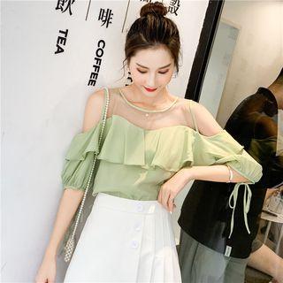 Cutout Shoulder Mesh Panel Ruffle Top