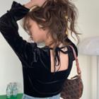 Long-sleeve Tie-back Velvet Top Black - One Size