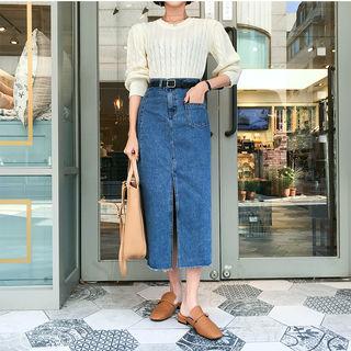 Fray-hem Slit-detail Long Denim Skirt