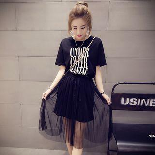 Mesh Panel Lettering Short-sleeve Dress