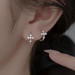 Cross Mini Hoop Earring 1 Pc - Silver - One Size