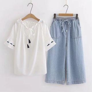 Embroidered Tie-strap Blouse / Wide-leg Jeans / Set
