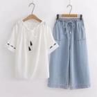 Embroidered Tie-strap Blouse / Wide-leg Jeans / Set