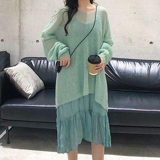 Set: Rib Knit Top + Crinkle A-line Midi Tank Dress