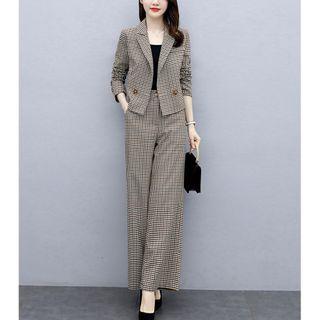 Set: Plaid Double-breasted Cropped Blazer + Wide-leg Pants