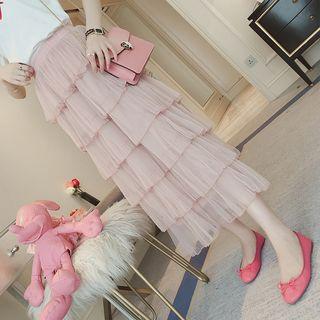Midi Mesh Layered A-line Skirt