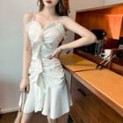Ruffled Spaghetti-strap Ruched Mini A-line Dress