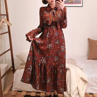 Tie-neck Flounced Floral Long Dress
