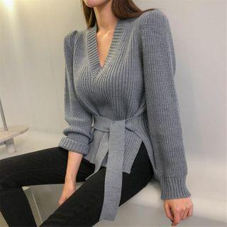 Tie-neck V-neck Sweater