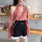 Cutout Long-sleeve Top / Color Block High Waist Shorts