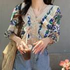 Puff-sleeve Printed Lace Panel Blouse Blue Print - White - One Size
