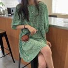 3/4-sleeve Floral A-line Dress Green - One Size