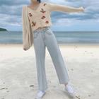 Long Sleeve Flower Embroidered Knit Top / High Waist Wide Leg Jeans