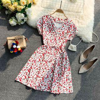 Short-sleeve Floral Print A-line Dress Pink - One Size