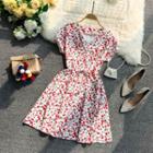 Short-sleeve Floral Print A-line Dress Pink - One Size
