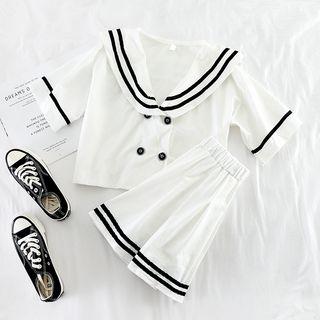 Set: Collared Top + High-waist Skirt