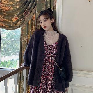 Plain V-neck Single-breasted Loose-fit Long-sleeve Knit Cardigan / Floral V-neck High-waist A-line Sleeveless Dress