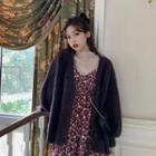 Plain V-neck Single-breasted Loose-fit Long-sleeve Knit Cardigan / Floral V-neck High-waist A-line Sleeveless Dress