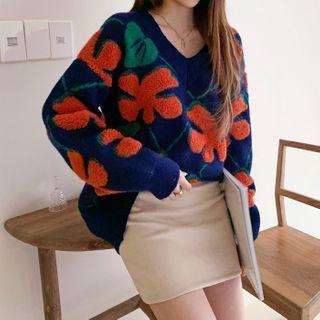V-neck Boucl -flower Sweater