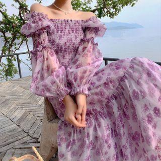 Off-shoulder Flower Print Maxi A-line Dress