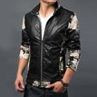 Floral Printed Faux Leather Panel Jacket