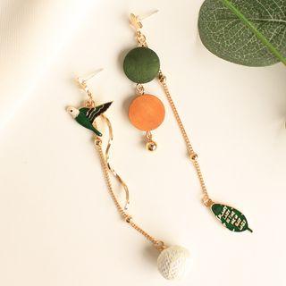 Non-matching Bird & Wooden Disc Dangle Earring