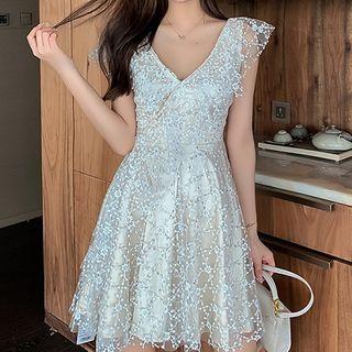 Sleeveless Floral Mesh A-line Mini Dress
