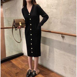 Button Front V-neck Knit Dress Black - One Size