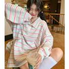 Long-sleeve Striped Loose-fit Knit Polo-shirt