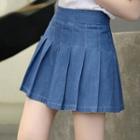 Pleated Mini Denim A-line Skirt