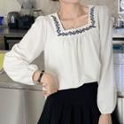Long-sleeve Embroidered Square-neck Blouse