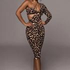 Asymmetrical Cold-shoulder Leopard Print Bodycon Dress